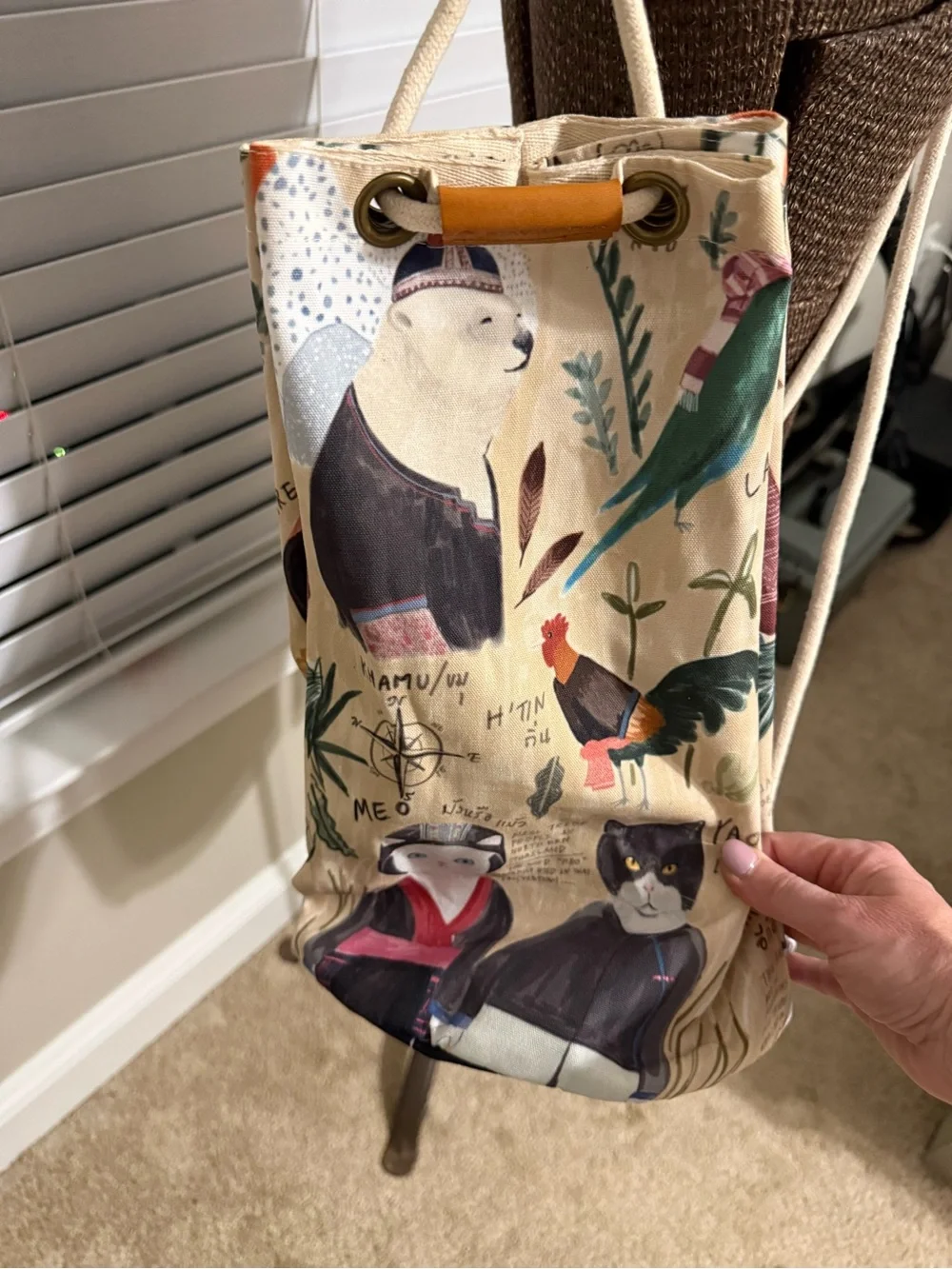 Canvas Drawstring Bucket Bag with Animal Print - Cream